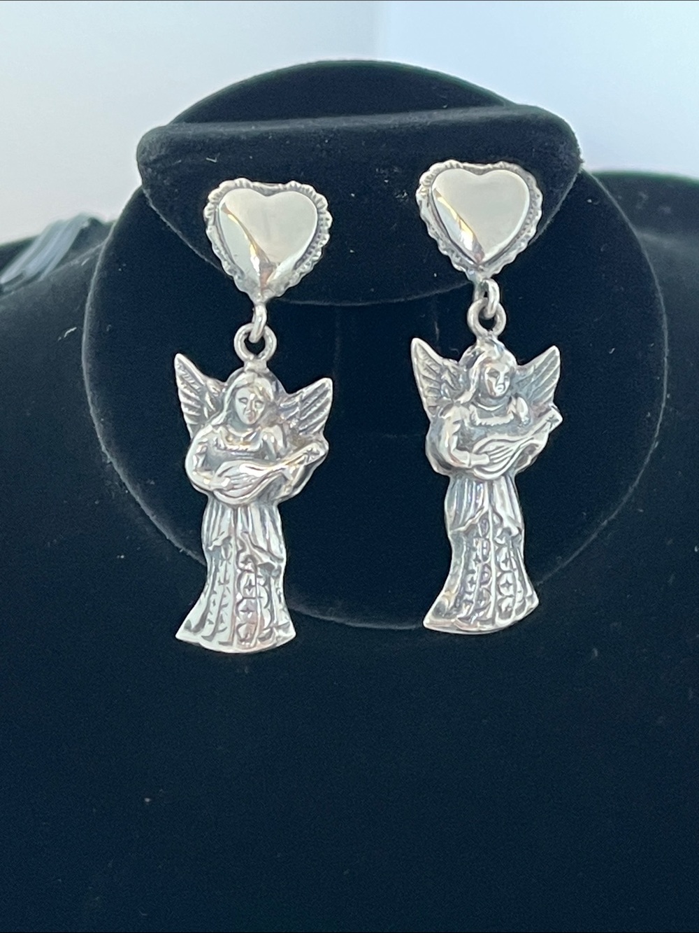 Sterling Silver Angel Dangle Earrings Heart Stud Religious Guardian Angel 925